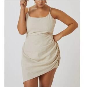 Anthropologie Flat White Linen Cotton Asymmetrical Mini Dress Beige Back Cut Out